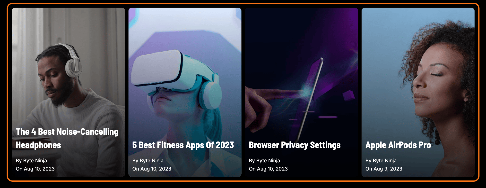 The Foxiz - Web Stories block in the Grid layout on the Foxiz Application demo, four story posters side by side, outlined in orange