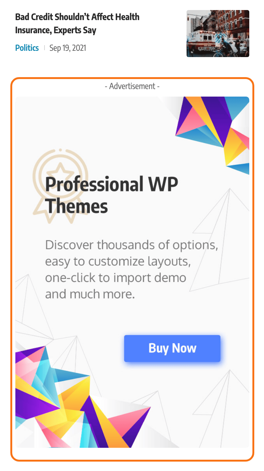 The Foxiz - Widget Ad Image in the sidebar of a Default demo post, outlined in orange, its - Advertisement - line above a vertical banner.
