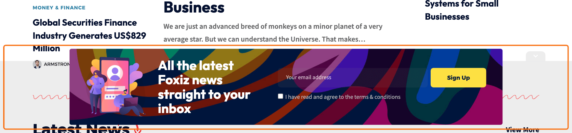 The footer slide up open across the bottom of the Enterprise demo, outlined in orange, holding a newsletter sign up template, with the toggle arrow on its top edge.