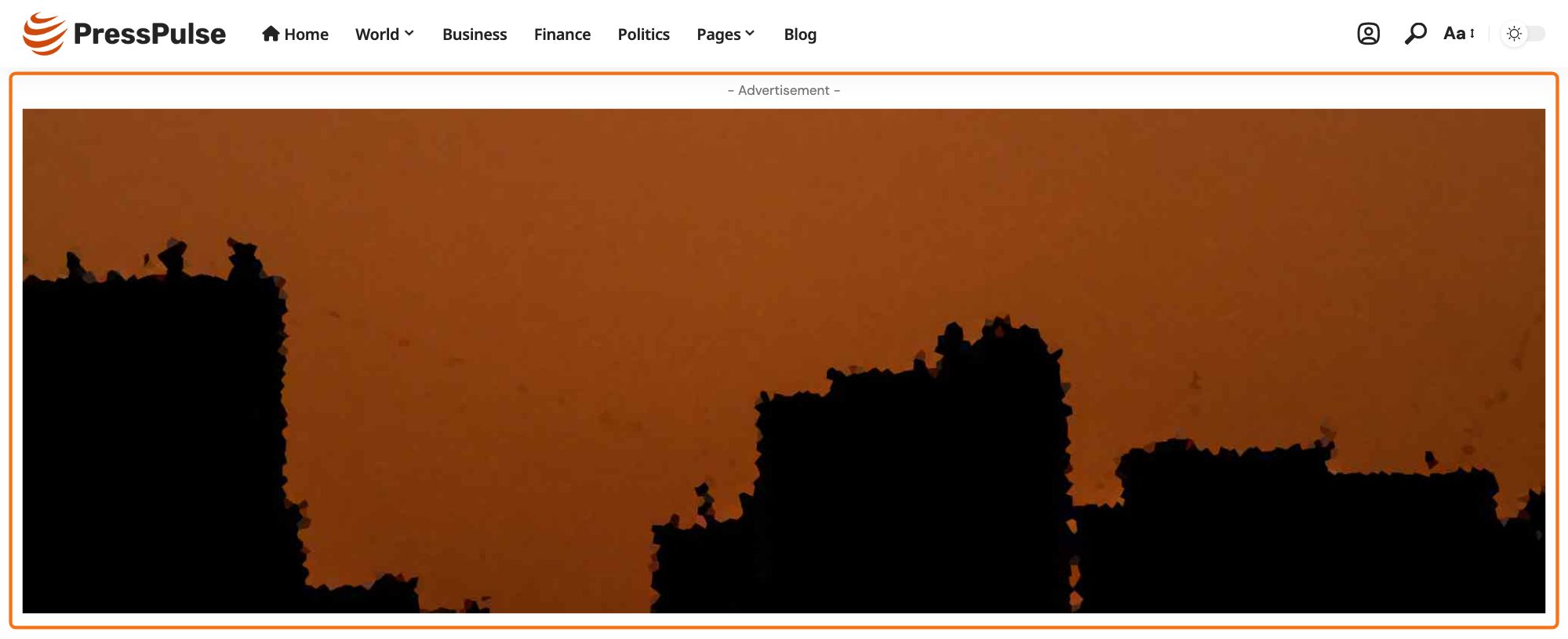 The Header Advertising widget area under the navigation, outlined in orange, holding a banner with its - Advertisement - line.