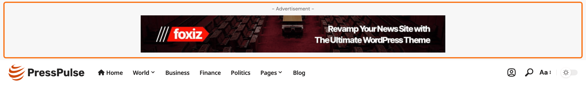 The Top Site ad above the header, outlined in orange: a banner with its description line, the site header below it.