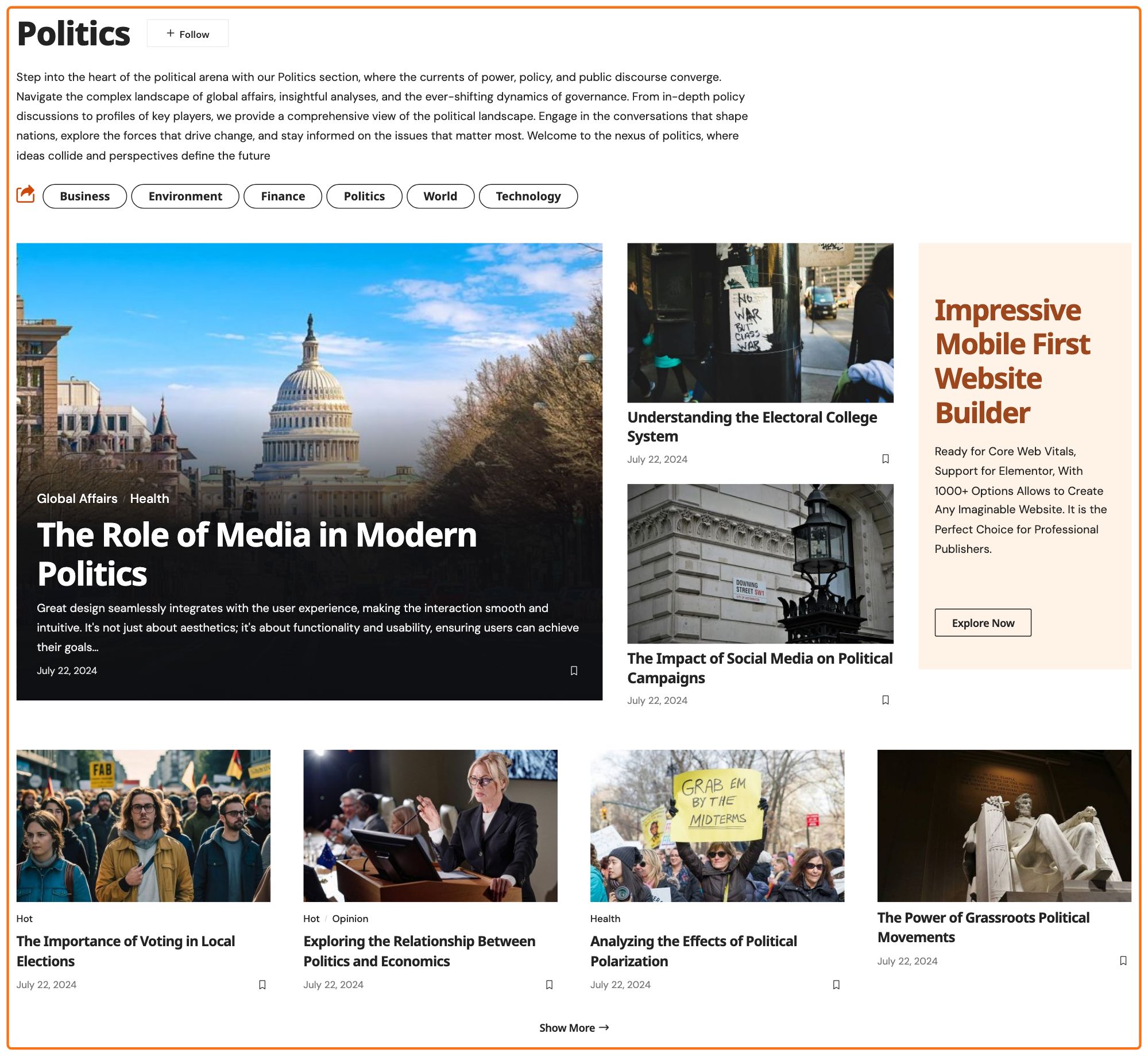 The Politics category of the PressPulse demo, its post listing drawn by a Ruby Template and outlined in orange under the category header.