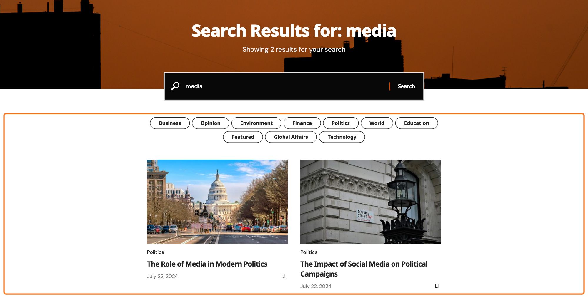Search results for media on the PressPulse demo, the result listing drawn by a Ruby Template and outlined in orange.