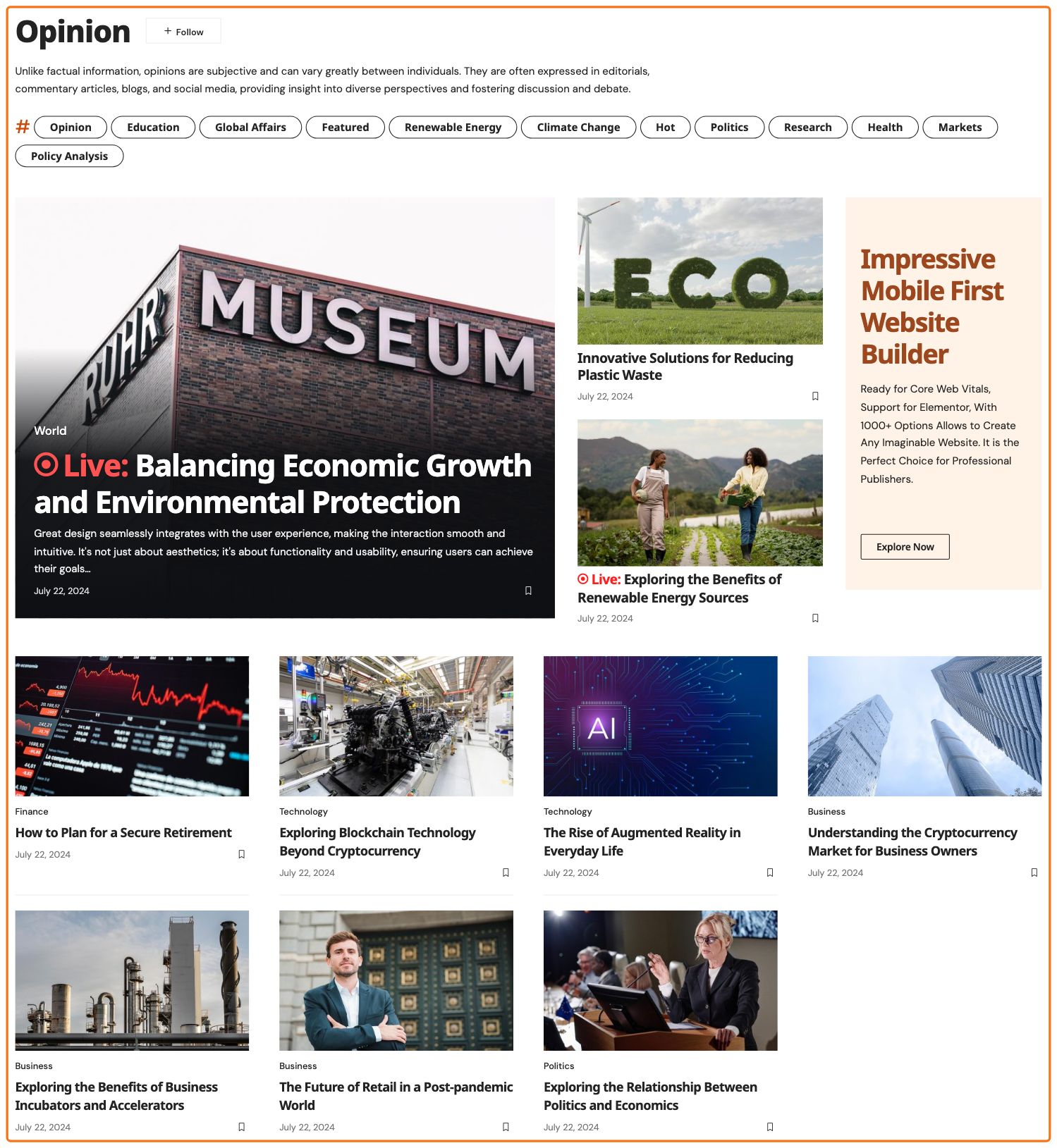 The Opinion tag page of the PressPulse demo, its post listing drawn by a Ruby Template and outlined in orange.
