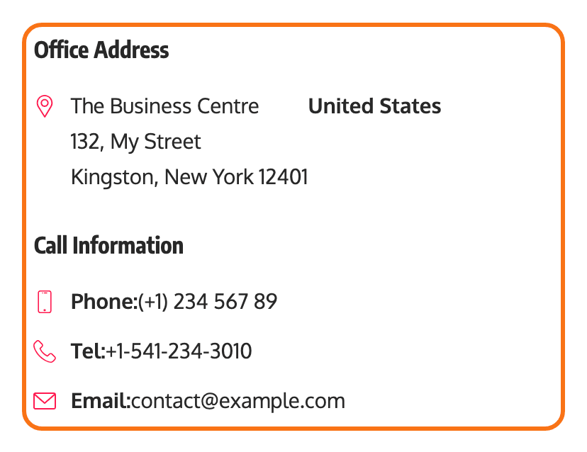 The Foxiz - Widget Address on the Default demo's contact page, outlined in orange: the office address with a map pin, then the phone, tel and email lines with their icons.