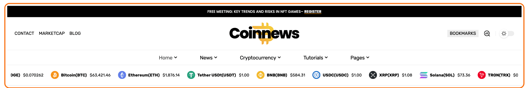 The Coin demo's header, built as a Ruby Template and outlined in orange: logo and main menu above a scrolling row of coin prices.
