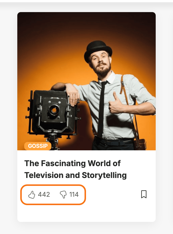 A post card on the Just For You demo home page: the photo with its Gossip label, the title The Fascinating World of Television and Storytelling, and under it the thumbs up with 442 and the thumbs down with 114 in the entry meta line, the pair outlined in orange