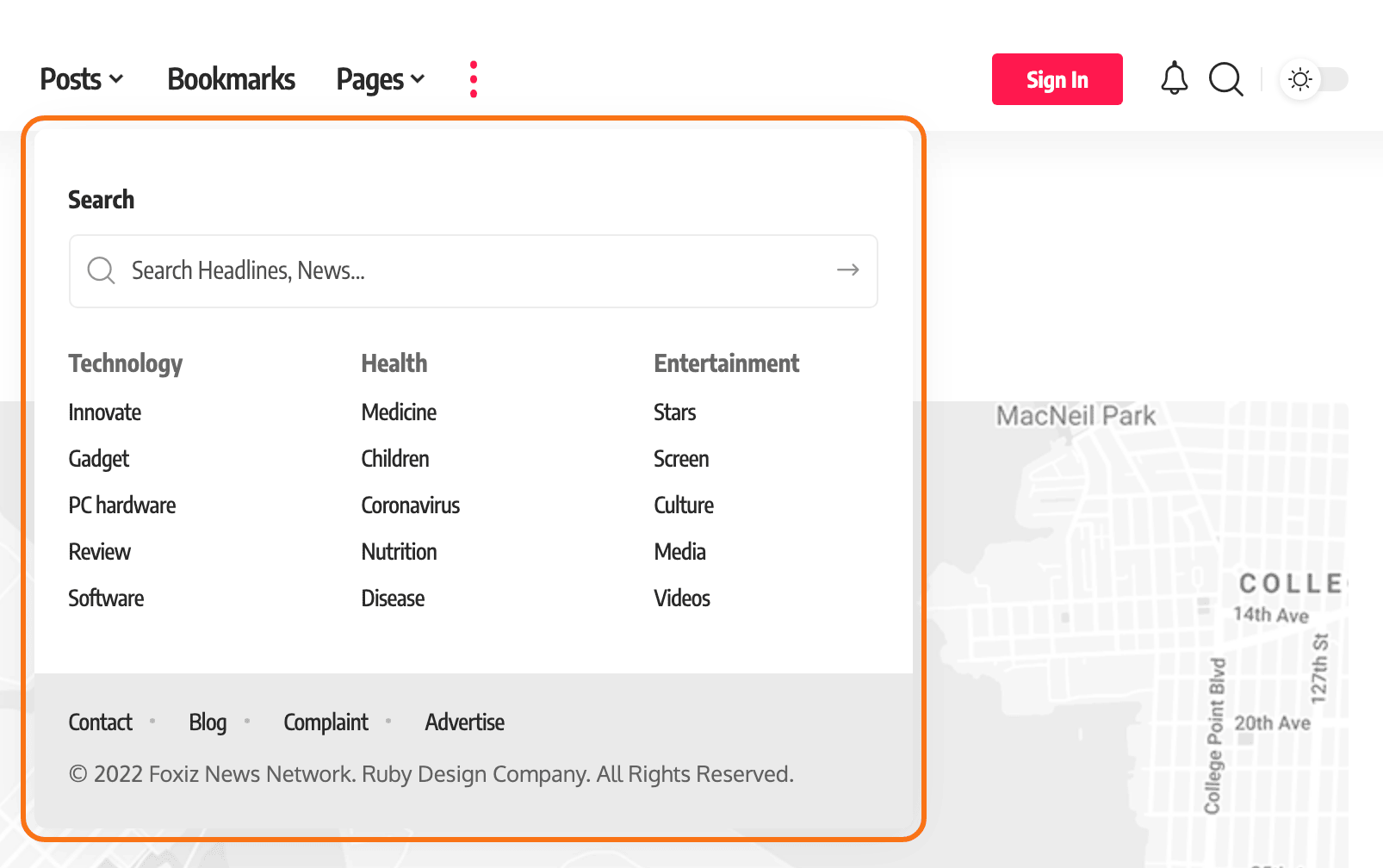The More button open on the Foxiz Default demo: a search form above three columns of links, each column one widget from the More Menu Section, outlined in orange.