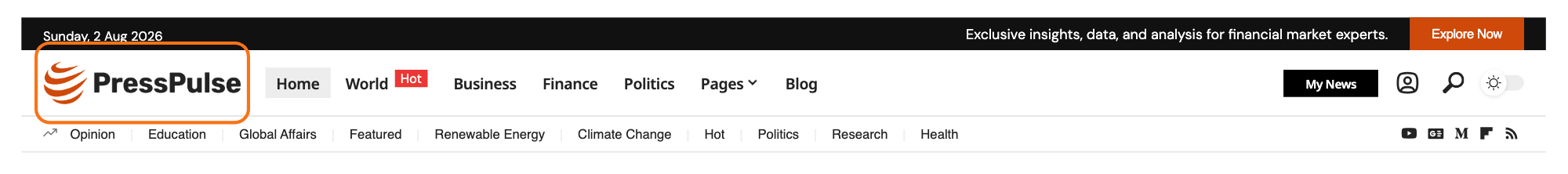 The Foxiz - Site Logo block in the PressPulse demo's header template, outlined in orange, with the main menu beside it.