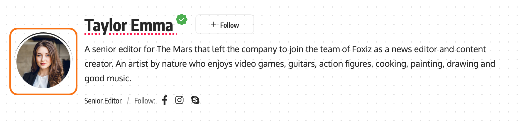 The author avatar outlined in orange in the Author Bio header of Taylor Emma's author page on the Default demo, beside her name, biography and job name