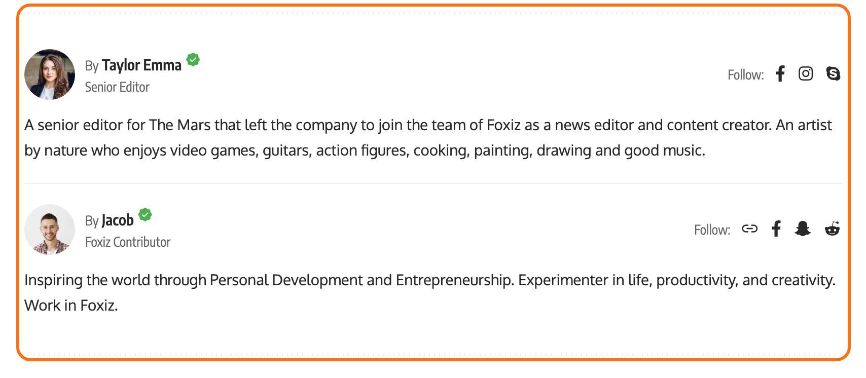 The end of a post with two authors on the Default demo, outlined in orange: one author card for Taylor Emma and one for Jacob, stacked, each with avatar, job name, Follow icons and biography