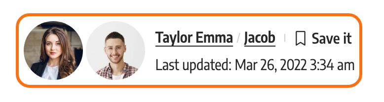The entry meta of a post with two authors on the Default demo, outlined in orange: two avatars side by side, then Taylor Emma and Jacob as one list, Save it and the Last updated date