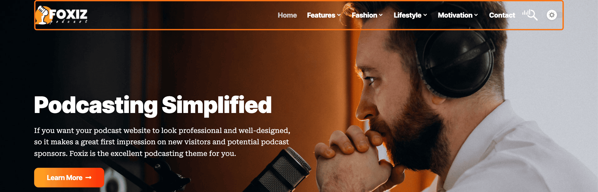 A transparent header on the Foxiz Podcasts demo, its logo and menu lying over the image at the top of the page