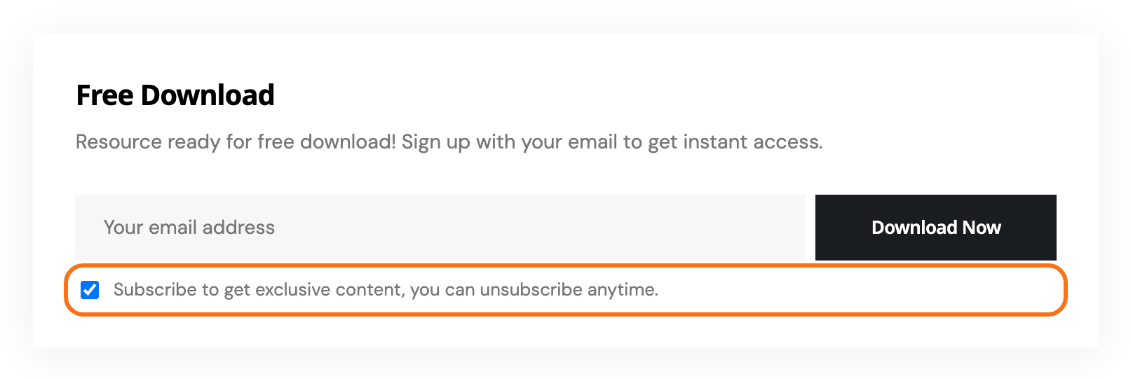 A Subscribe to Download block on the front end with the consent checkbox under the email field, outlined in orange