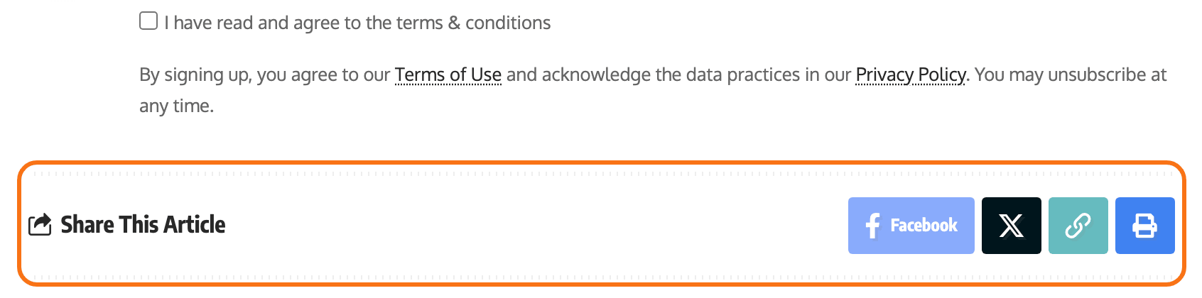The share bar below the content of a Foxiz Default demo post, outlined