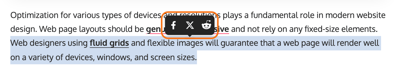 The share popup over a highlighted sentence in a Foxiz Default demo post, with its Facebook, X and Reddit buttons