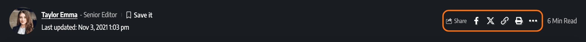 The share bar in the entry meta line of a post on the Foxiz Default demo, outlined