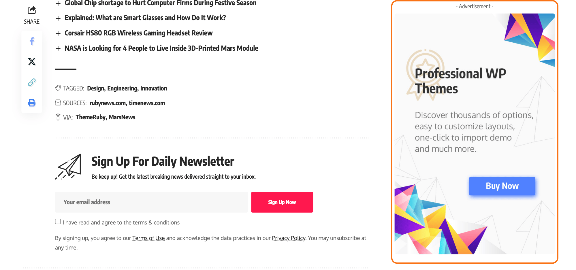 A single post on the Foxiz Default demo scrolled down, the last sidebar widget (outlined in orange) held in view beside the article while the widgets above it have scrolled away.