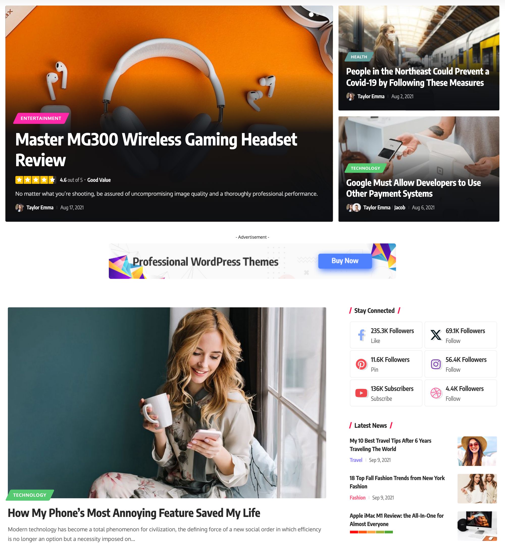 The blog page of the Default demo: a featured area built from a Ruby Template at the top with an ad banner under it, then the first post of the listing in the Classic layout with the sidebar on the right