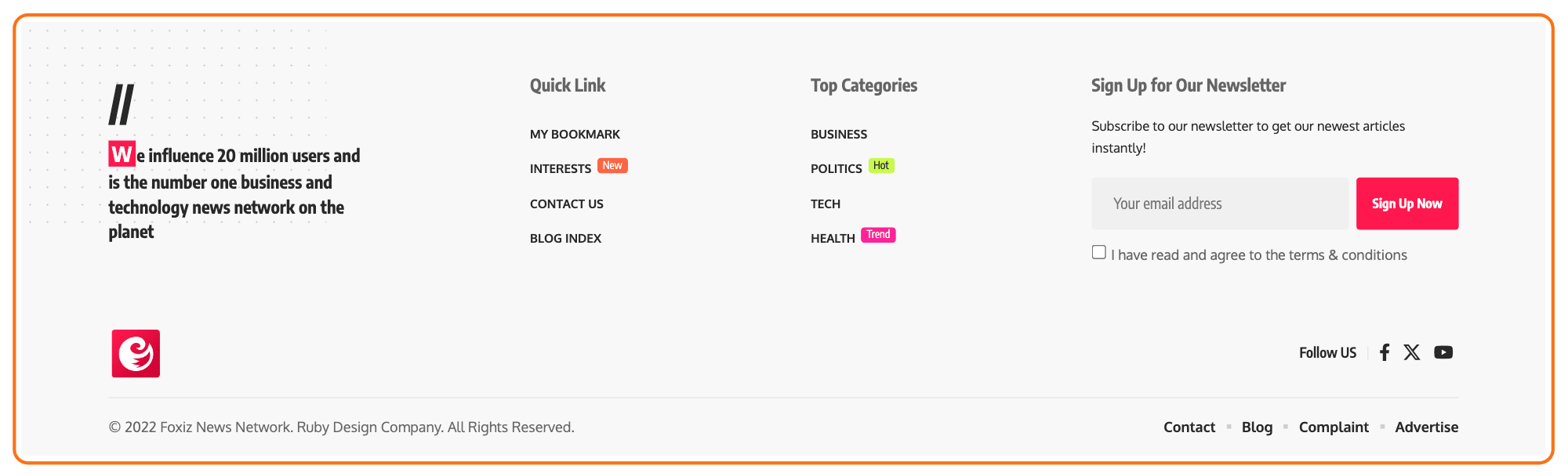 The footer of the Foxiz Default demo, a built-in layout, outlined in orange: four widget columns, the logo and social icons row, and the copyright bar.