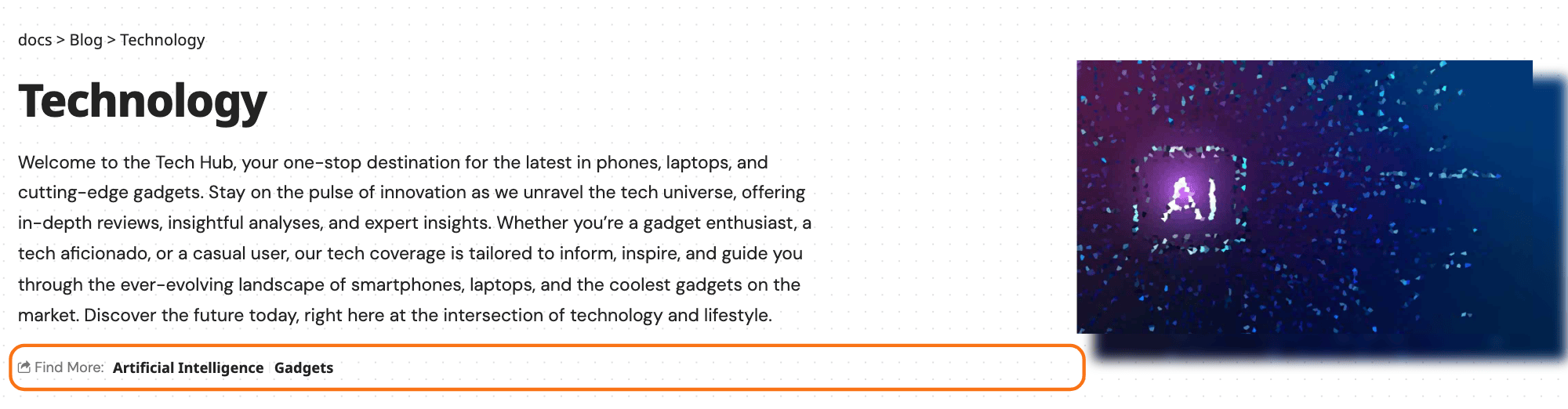 A category page header with the Find More row of subcategory links under the description, outlined in orange