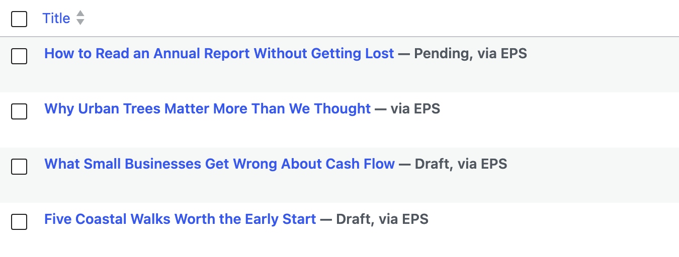 Posts > All Posts with submitted posts marked via EPS after the title, among them Five Coastal Walks Worth the Early Start, a draft