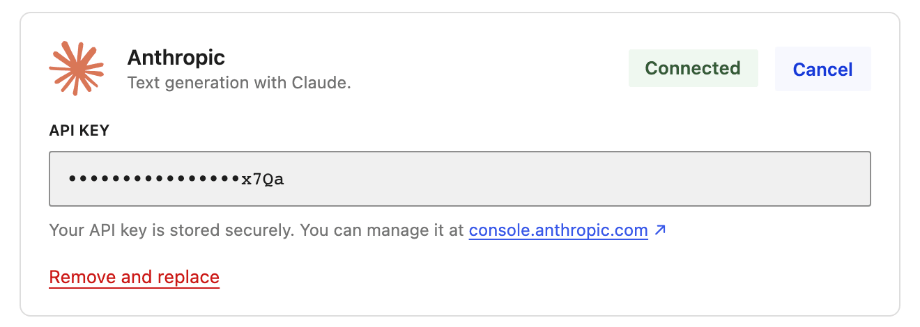 Settings > Connectors: the Anthropic card reads Connected, its API key shown as dots above Remove and replace