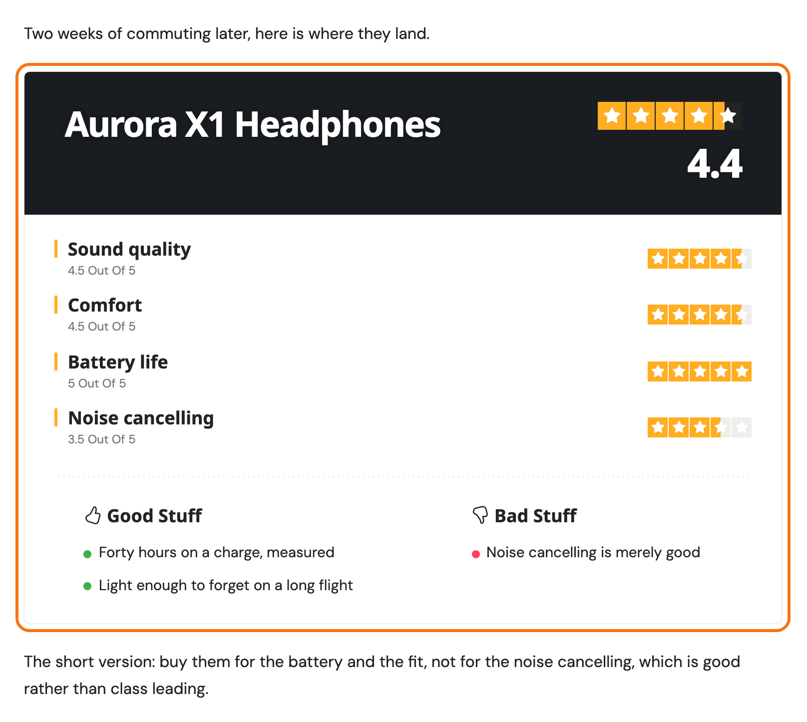 A review box outlined in orange in the middle of a post, with a paragraph of the article above it and another below, where the shortcode was placed
