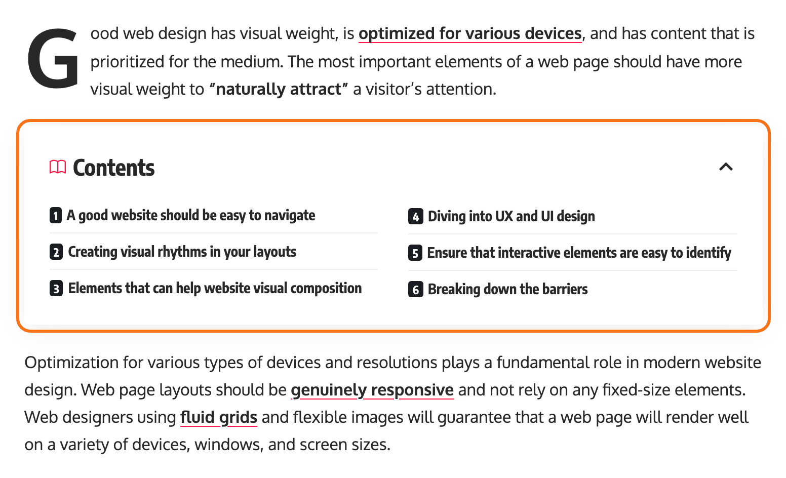 The table of contents on a Default demo post, outlined in orange, right after the first paragraph: the Contents heading, its numbered entries in two columns and the collapse arrow