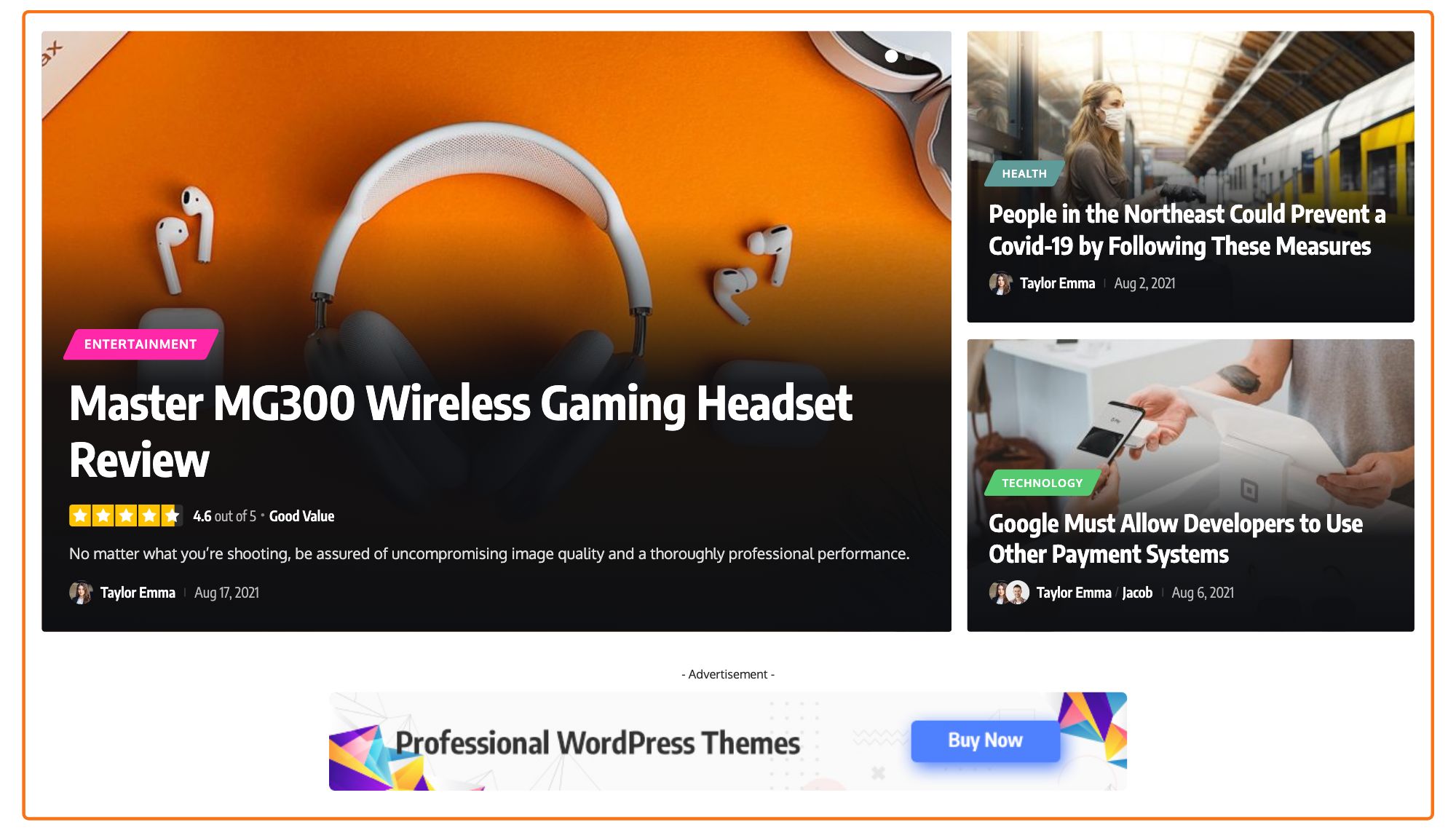 The featured area at the top of the Default demo's blog page, outlined in orange: one large post on the left and two stacked on the right.