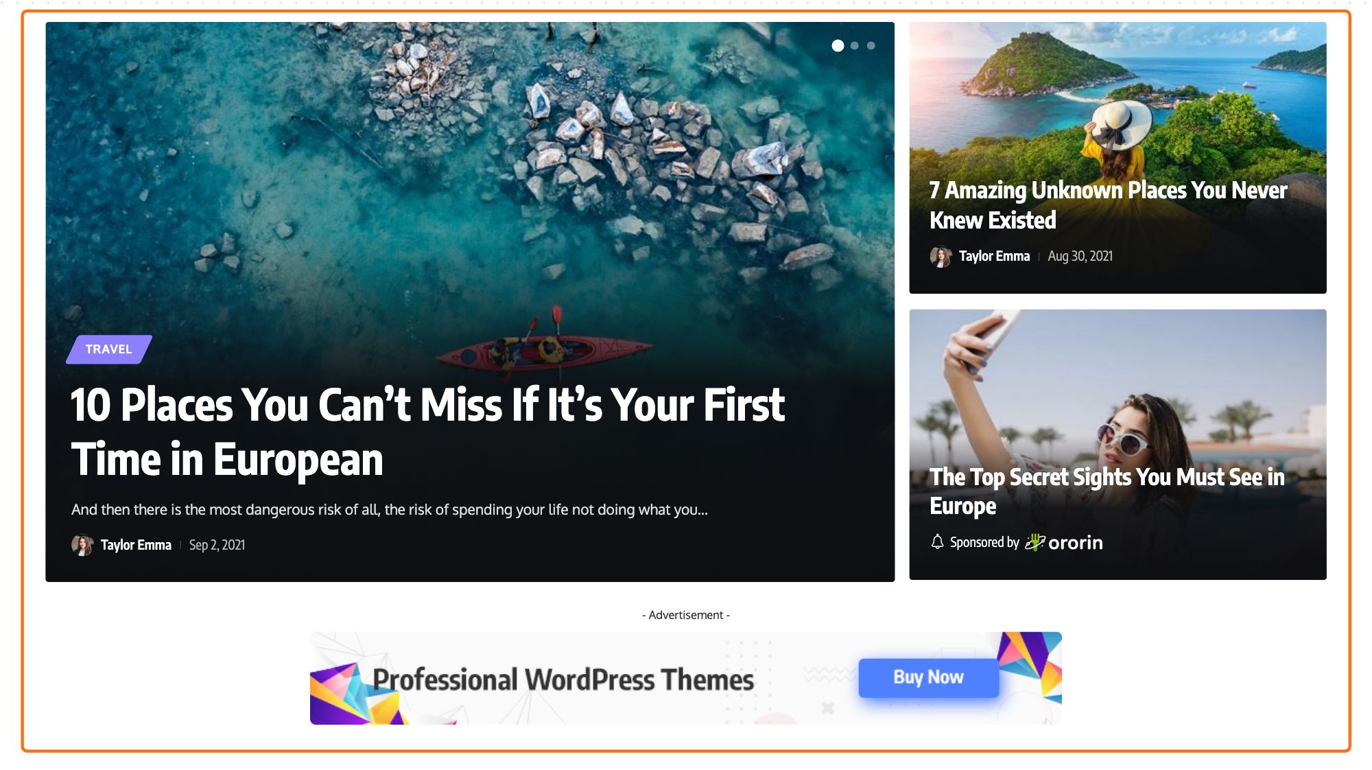 The featured area of the Travel category on the Default demo, outlined in orange: one large post on the left and two stacked on the right, under the category header.