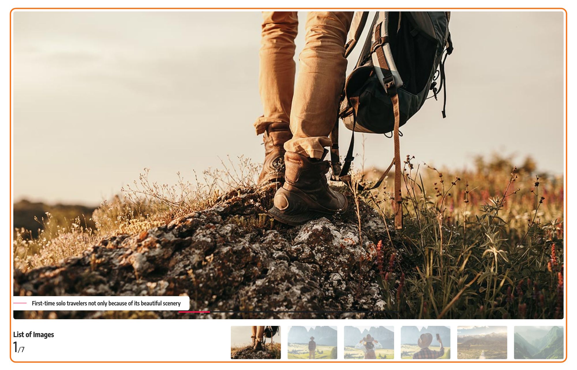 A gallery post on the Default demo in Gallery Layout 1: a large slider showing the first photo with its caption, and under it List of Images, 1/7 and a strip of thumbnails, the gallery outlined in orange
