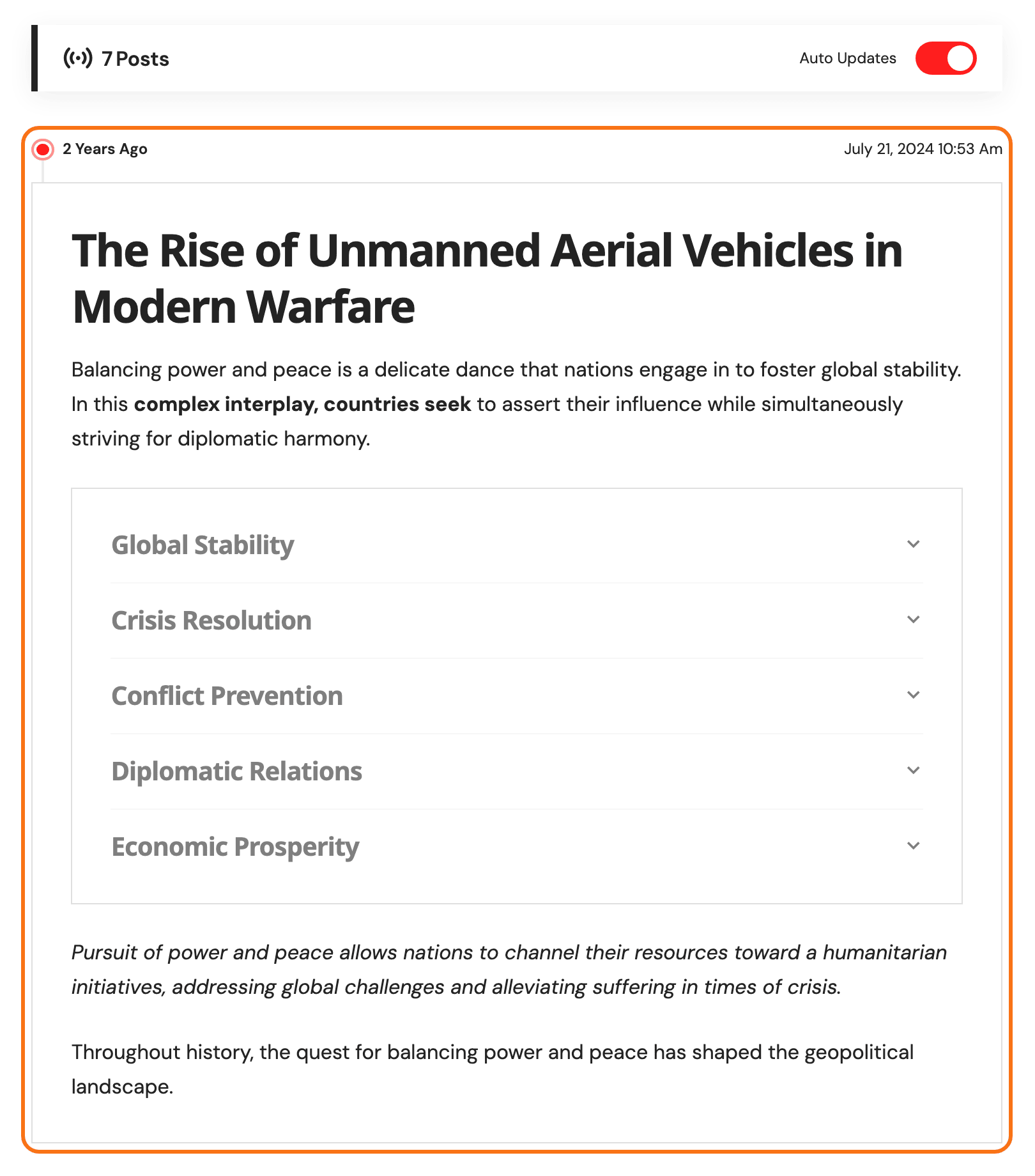 A live blog post on the PressPulse demo: the bar with 7 Posts and the Auto Updates switch on, then the newest entry outlined in orange, with its red live dot, its age and event time above a card holding the heading and text