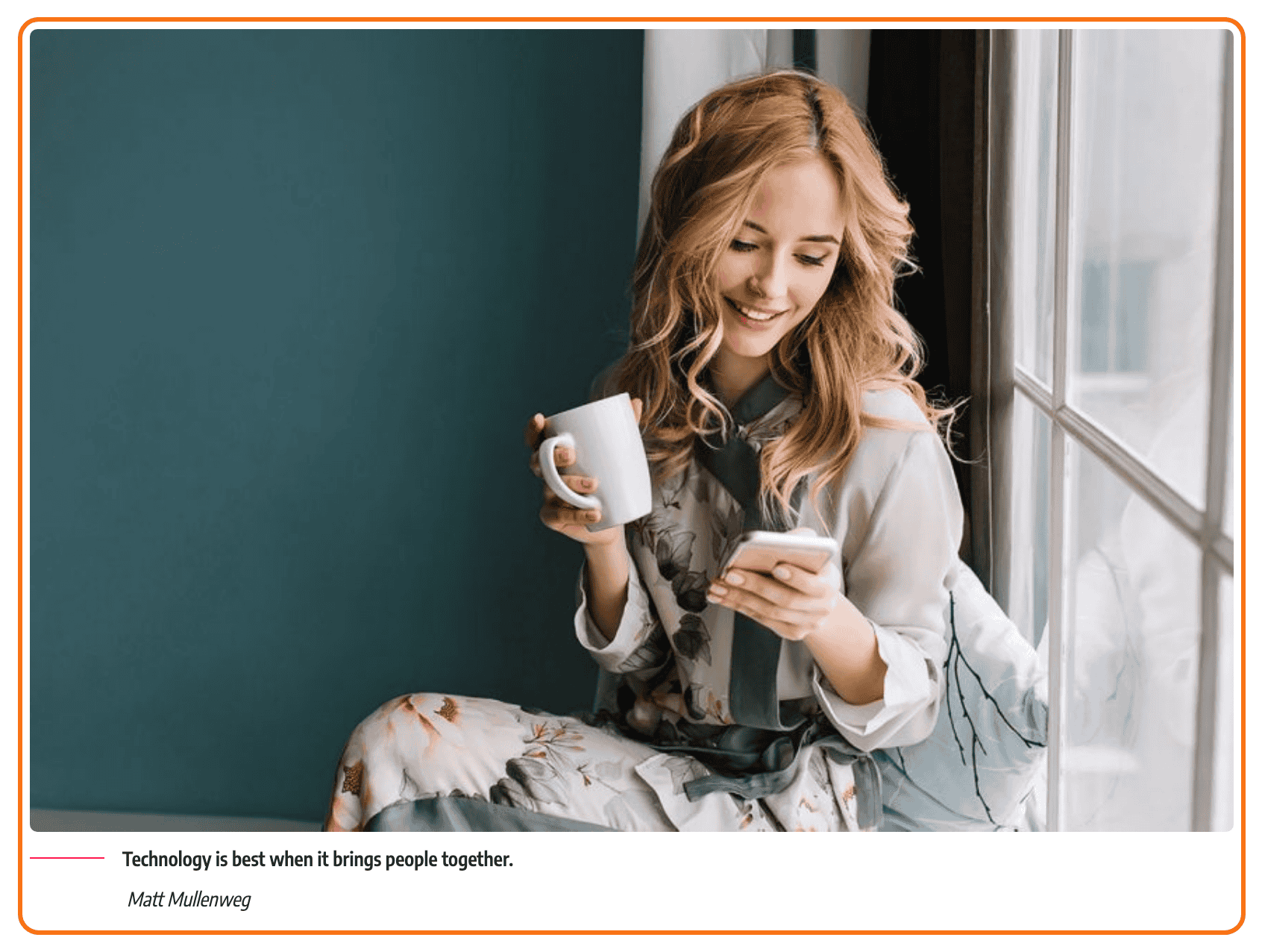 The featured image at the top of a standard post on the Default demo, outlined in orange, with its caption Technology is best when it brings people together. and the attribution Matt Mullenweg underneath
