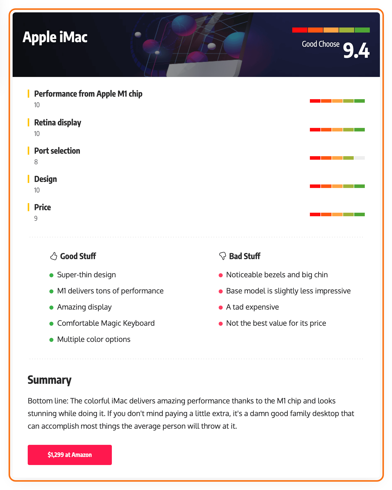 The review box at the end of a review post on the Default demo, outlined in orange: Apple iMac with a 9.4 score, five criteria with their score bars, Good Stuff and Bad Stuff lists, the Summary and a $1,299 at Amazon button