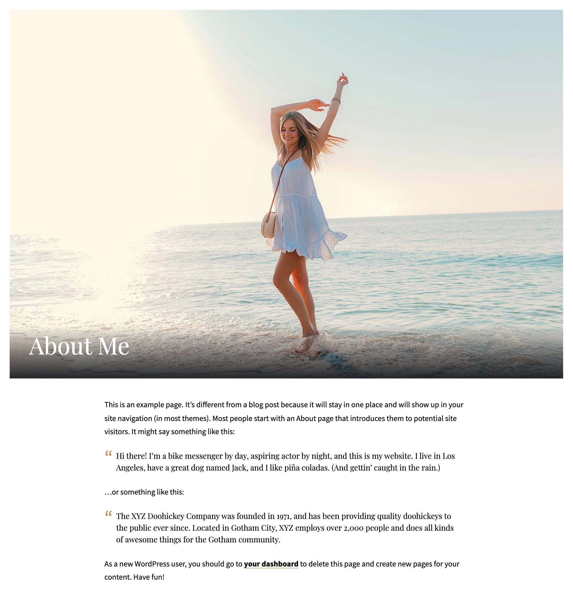 A single page on the Classic demo: the About Me title over the featured image in the page header, then the page content in a narrow centered column with no sidebar