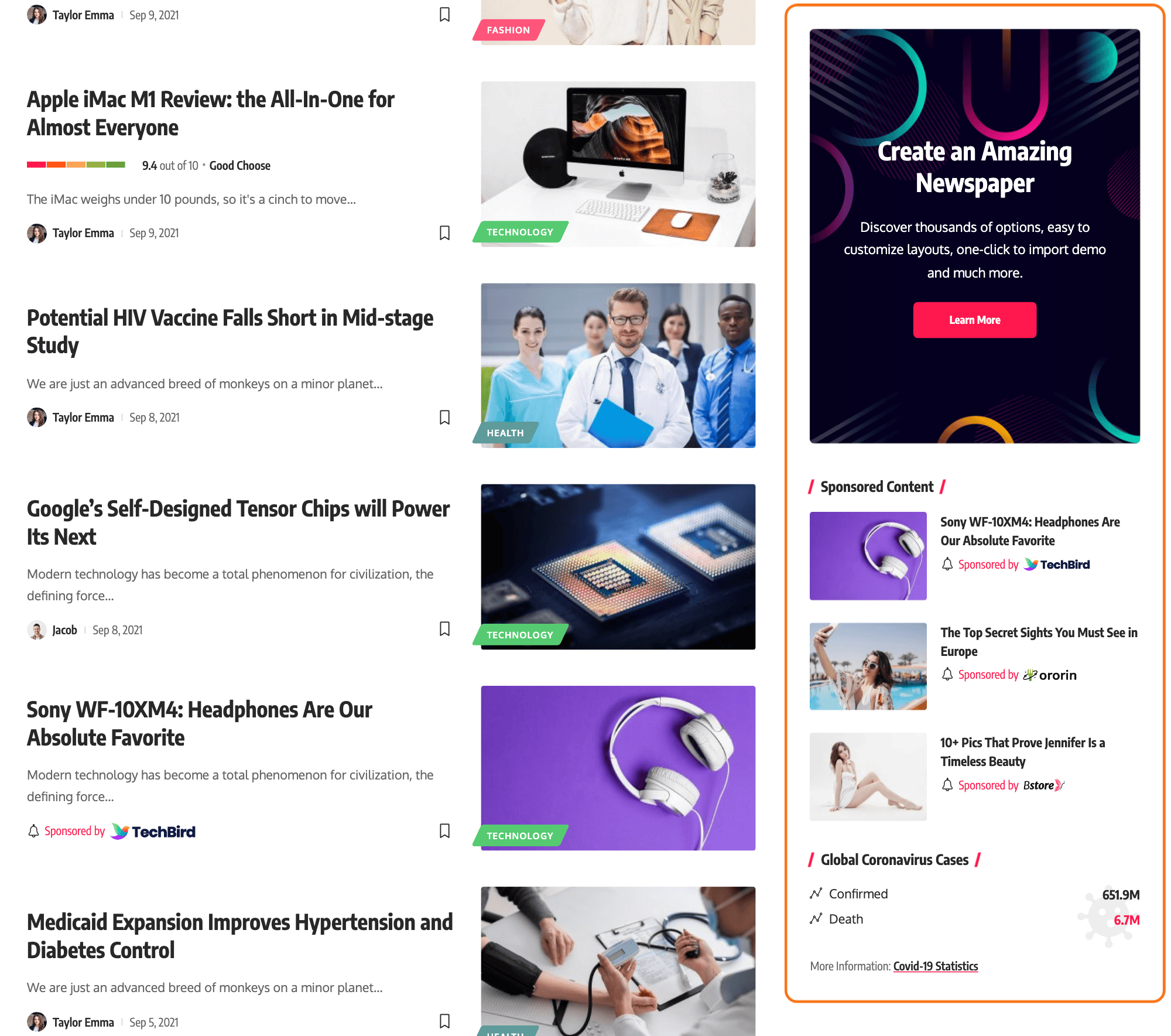 A sticky sidebar on the Foxiz Default demo, still in view beside the posts after the page has scrolled