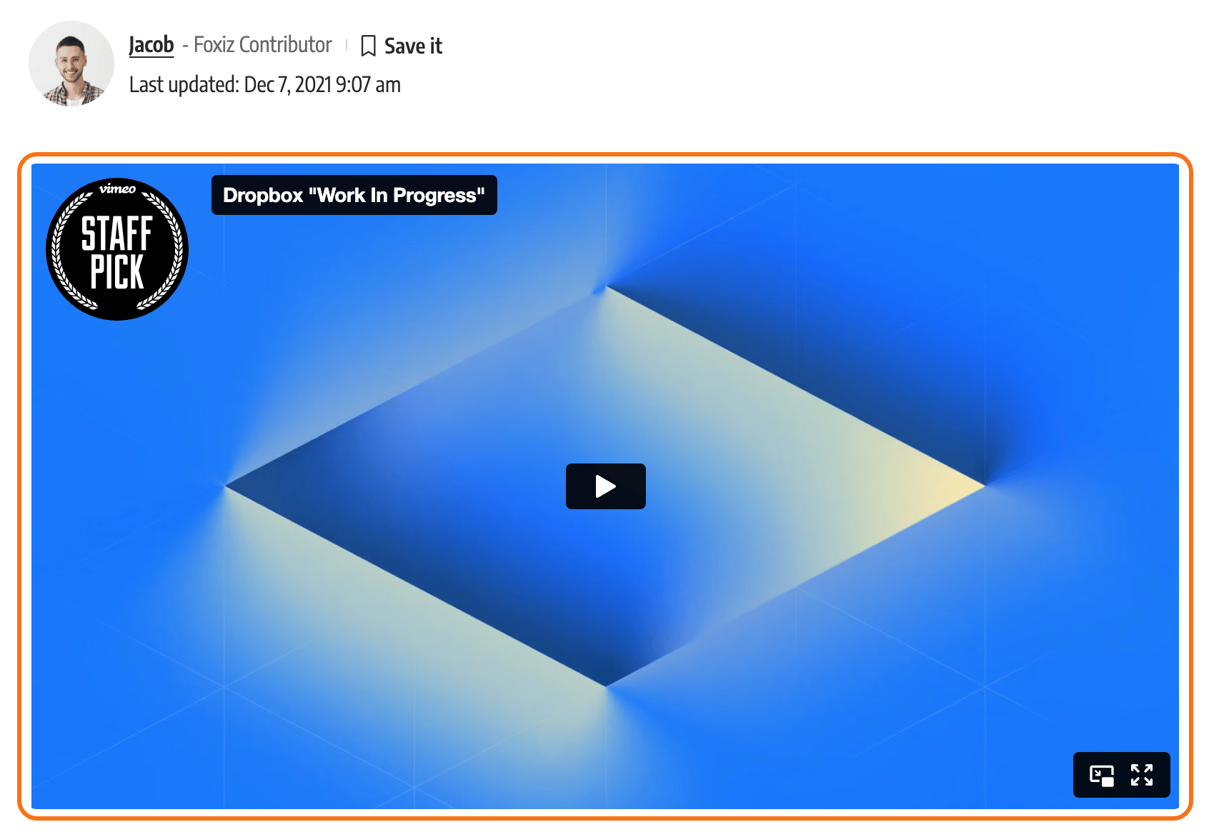 A video post on the Default demo in Video Layout 1: under the author and date row, a Vimeo player sits where the featured image would be, outlined in orange