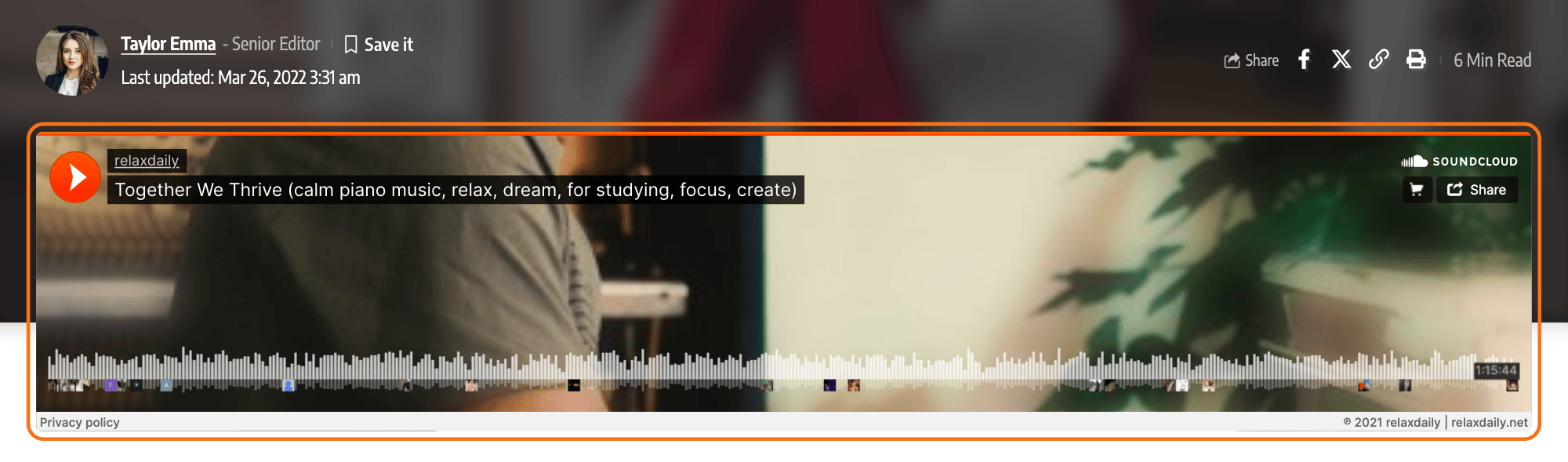 An audio post on the Default demo in Audio Layout 2: the featured image blurred behind the header, the author row, and a SoundCloud player across the width of the post, outlined in orange