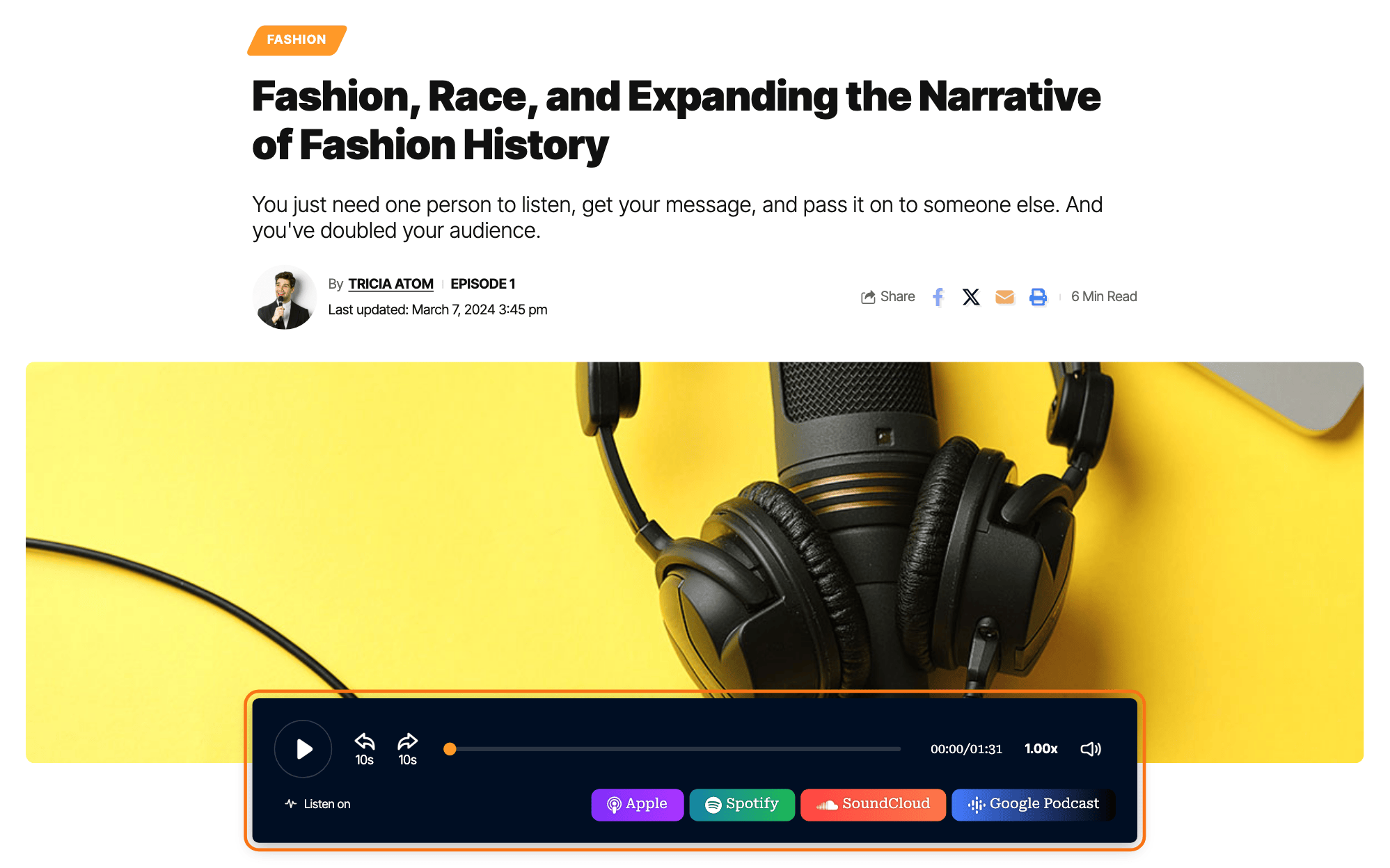 A published episode on the Foxiz Podcasts demo: the title and episode image, then the audio player with its listen on buttons, outlined in orange