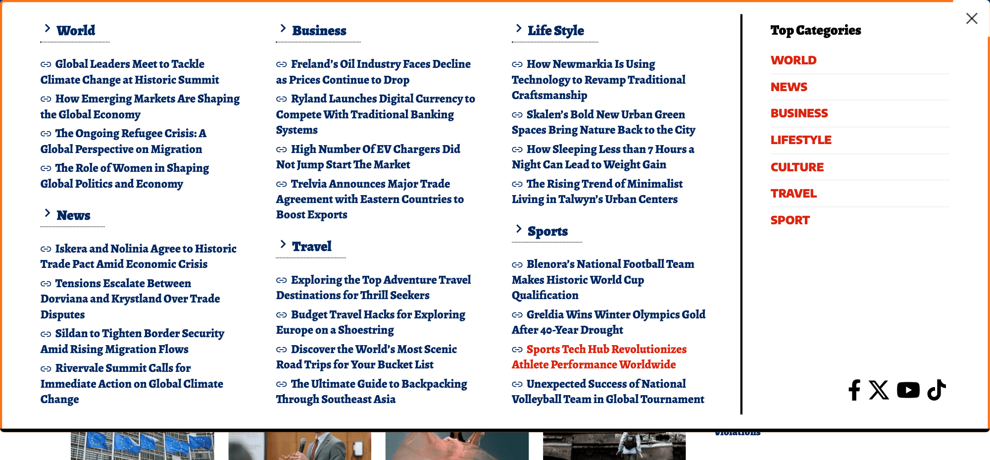 The Explore by Topics popup open on the Foxiz Focus demo, opened by the button of the same name in the header