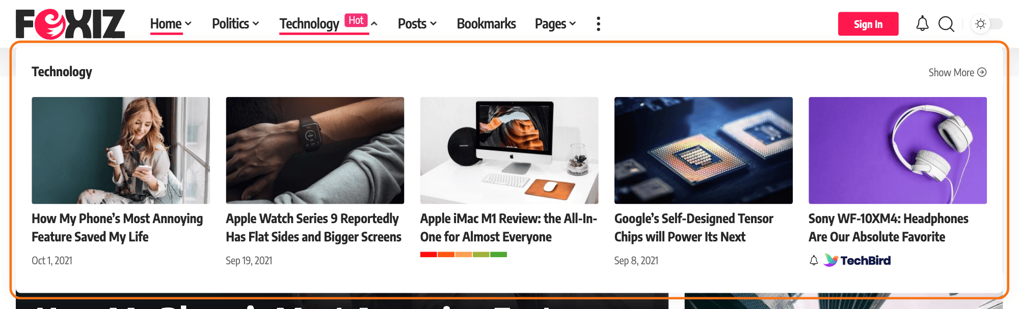 A Category Mega Menu open under Technology on the Foxiz Default demo, outlined in orange: a heading bar with Show More and five posts in a row.