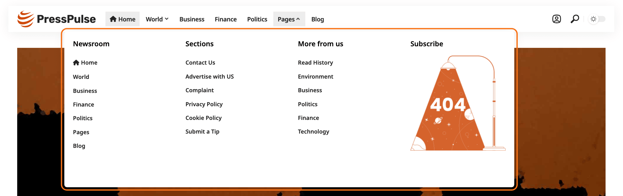 A Column Mega Menu open on the front end, outlined in orange: three Navigation Menu widgets and an image, each widget one column of the panel.