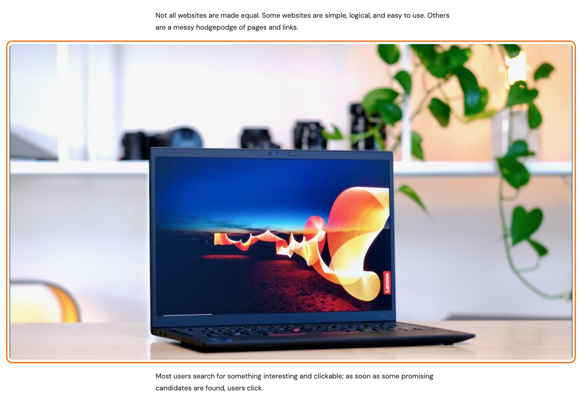 A post with no sidebar: two paragraphs at the normal text width and, between them, a wide width image outlined in orange that runs past the text on both sides