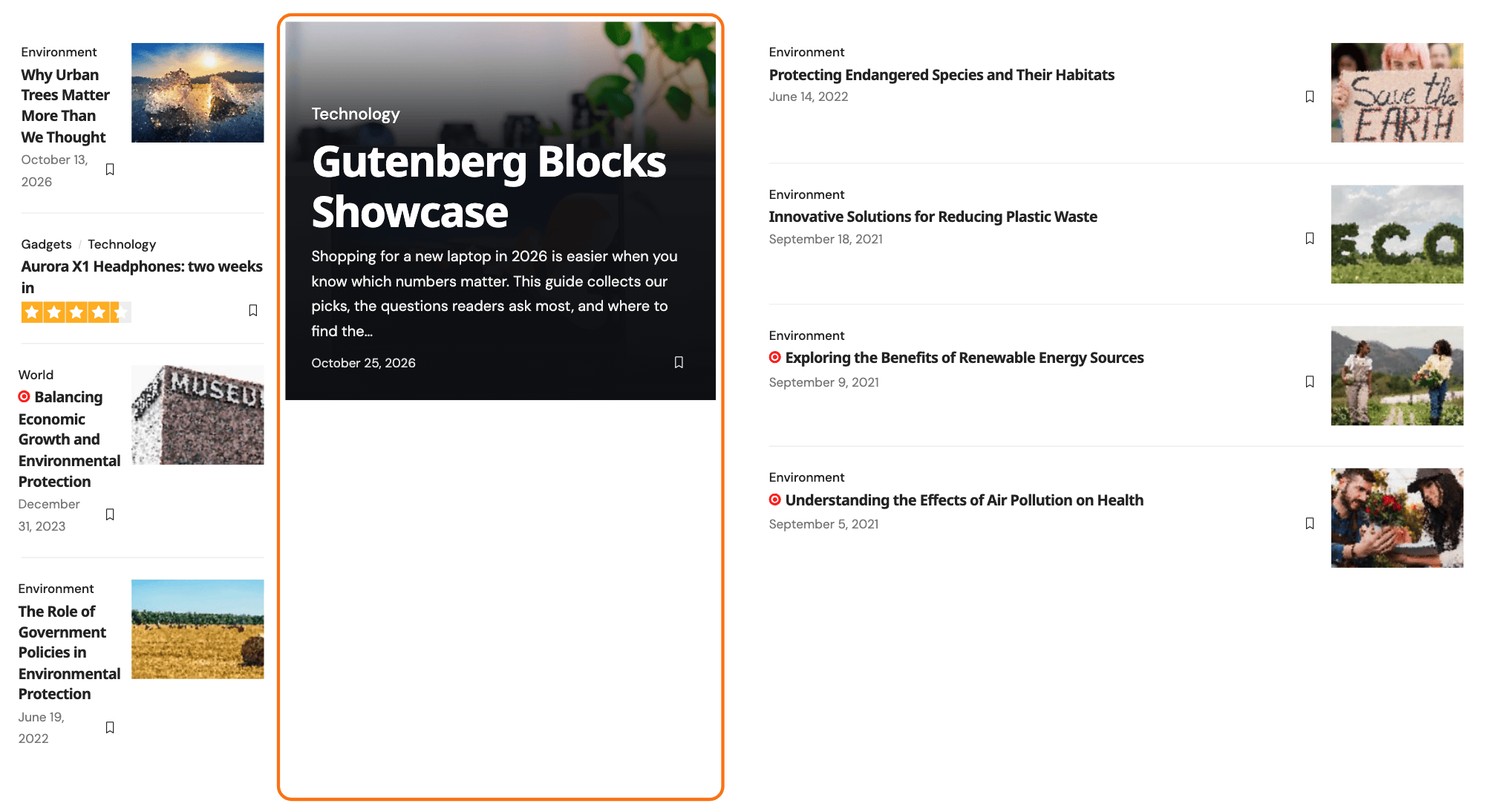 The three blocks on desktop: a list on each side and the overlay block, outlined, in the middle