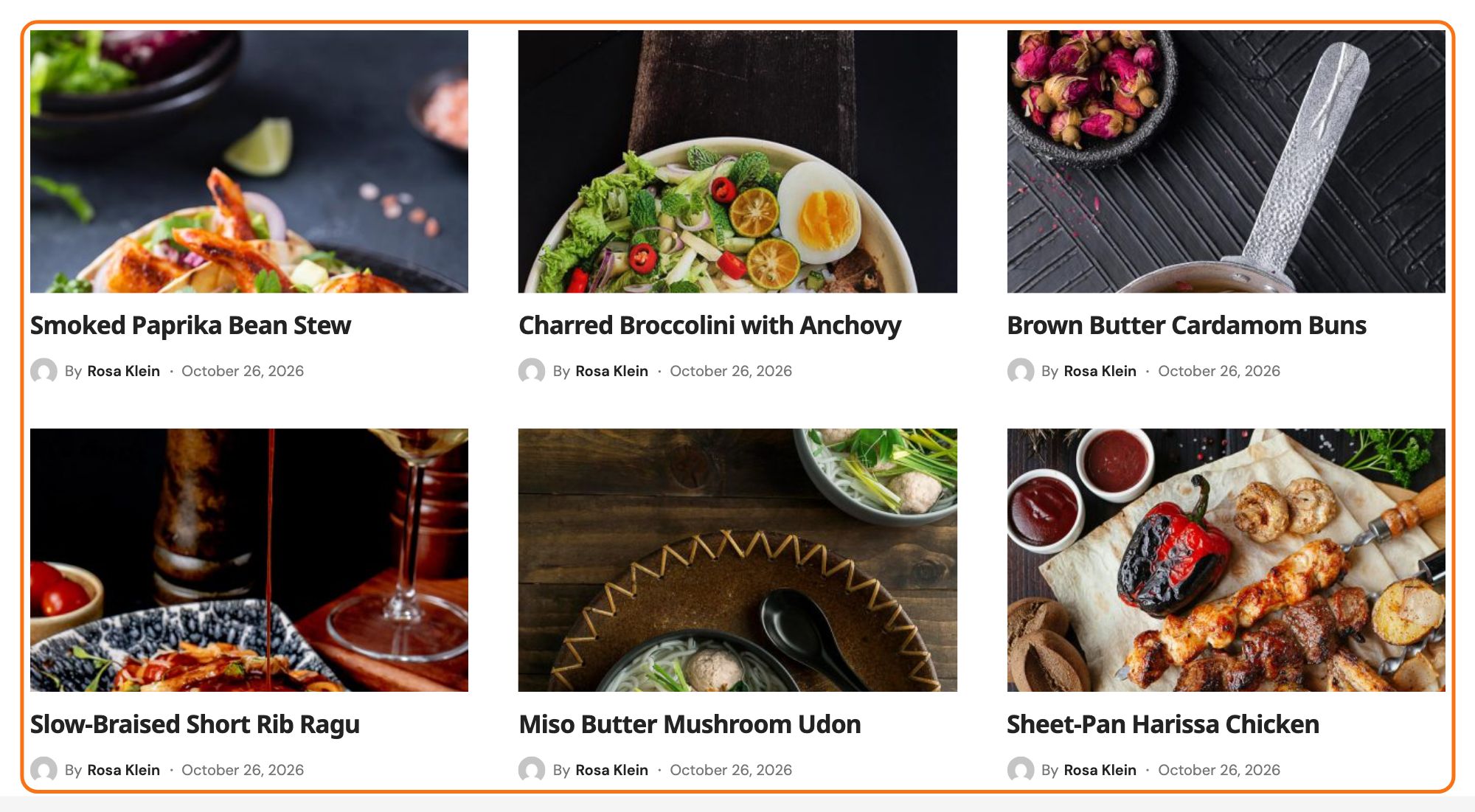 A Foxiz - Flex Grid 2 block on a page listing Recipes posts, outlined in orange