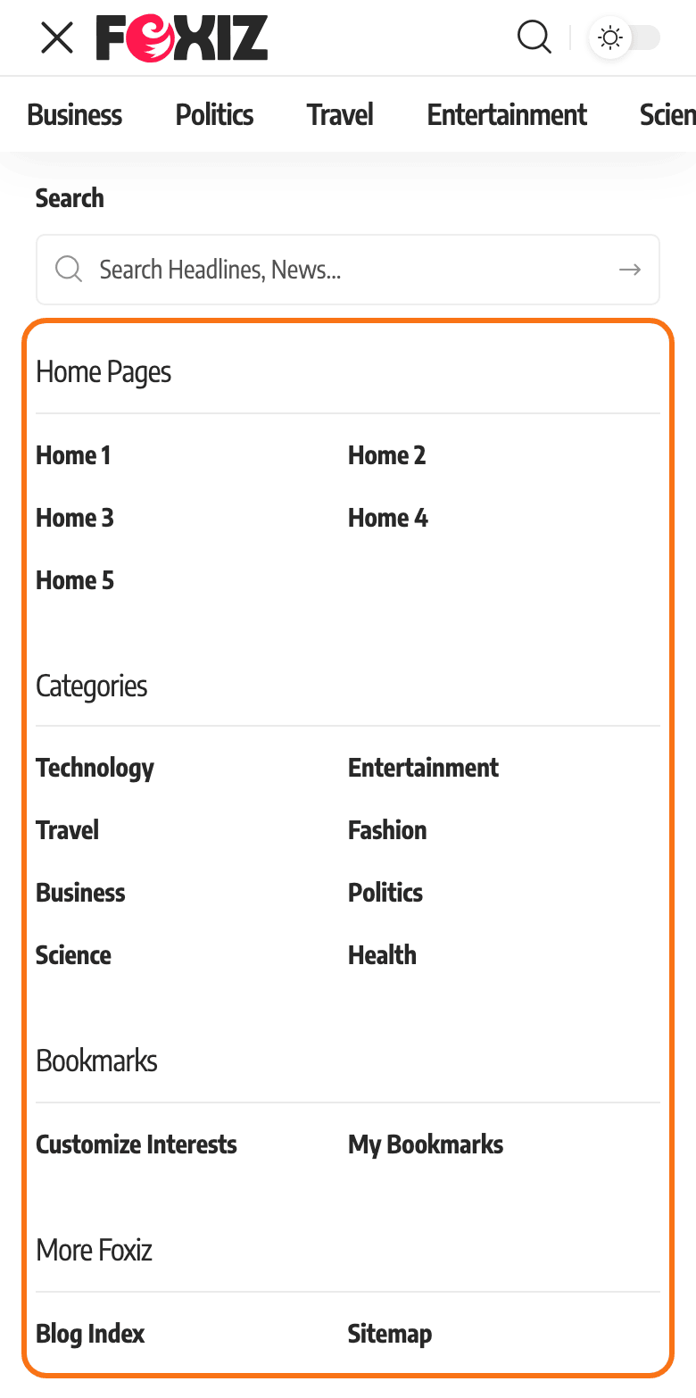 The slide-open panel on a phone, with the mobile menu outlined in orange: menu headings with their sub items in two columns.