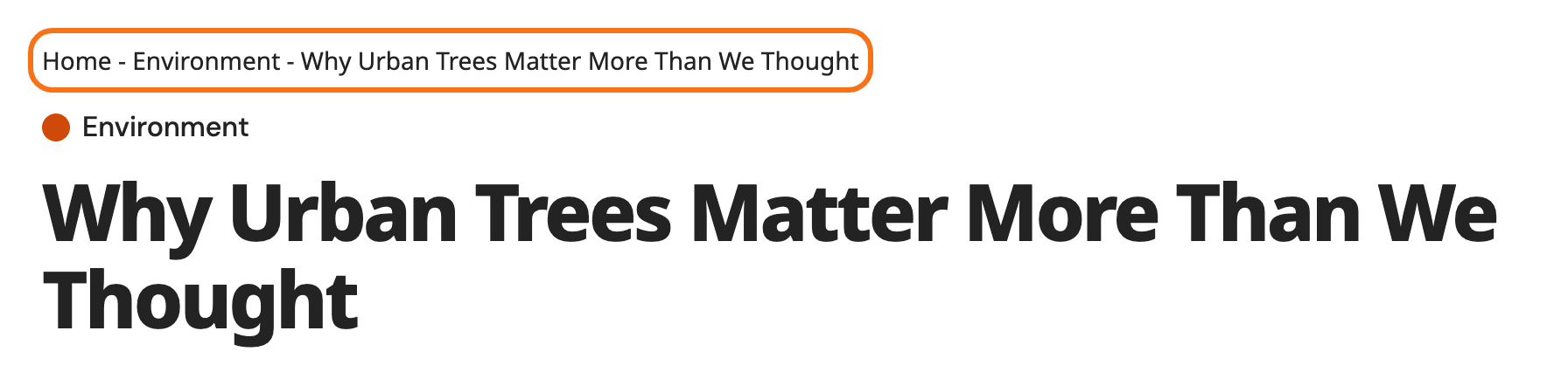 A post on a demo site with Rank Math SEO making the trail: Home - Environment - the post title, in the Foxiz breadcrumb bar above the title, outlined in orange
