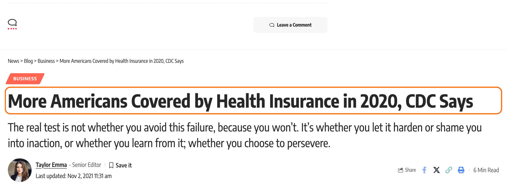 The end of one post and the start of the next on the Default demo: the first post's Leave a Comment button, a divider, and the next post loaded in underneath with its breadcrumb, Business label, the title More Americans Covered by Health Insurance in 2020, CDC Says outlined in orange, the tagline and the meta bar