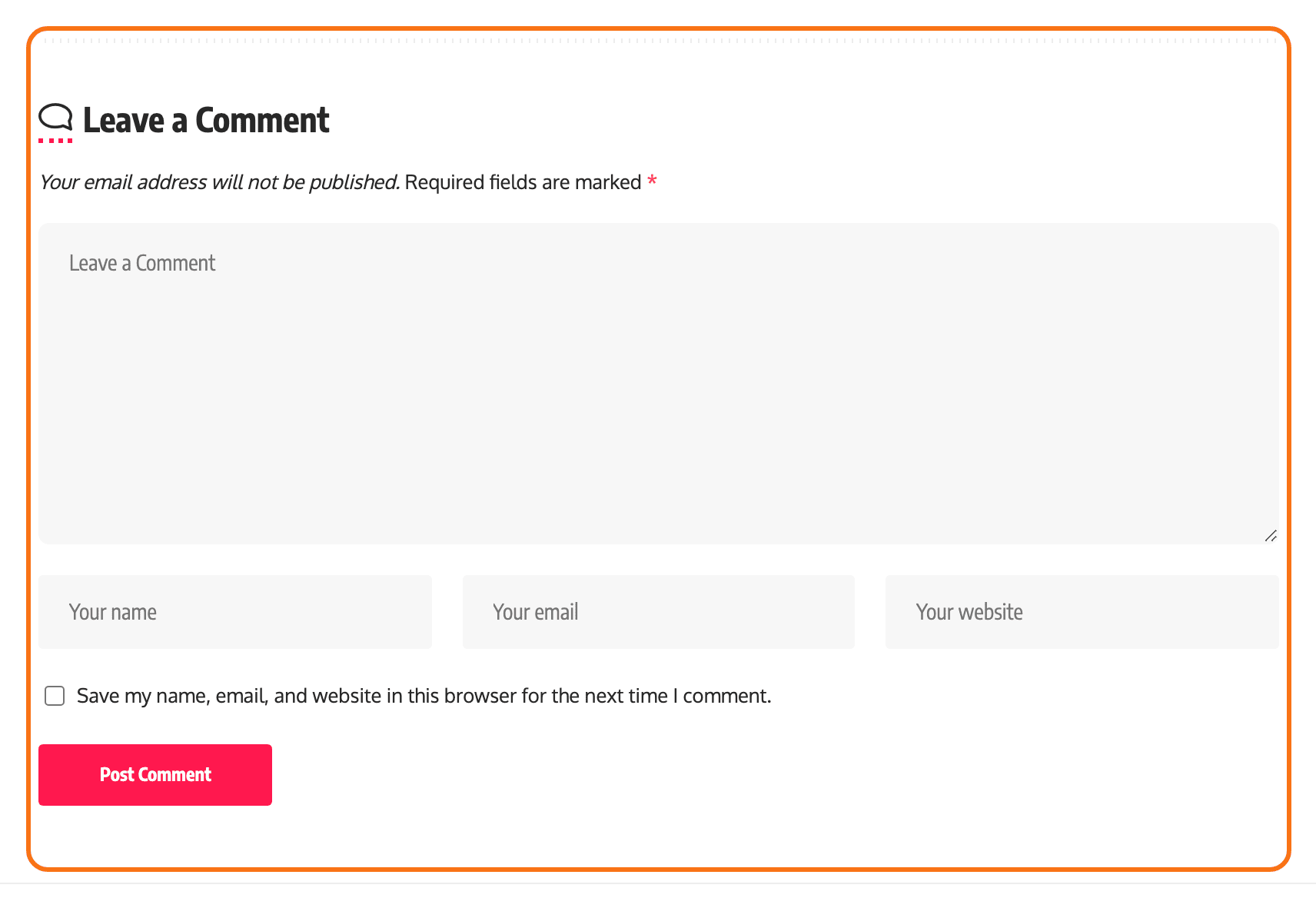 The comment section at the end of a post on the Default demo, outlined in orange: Leave a Comment, the note that the email address will not be published, the comment box, Your name, Your email and Your website fields, the save-my-details checkbox and the Post Comment button